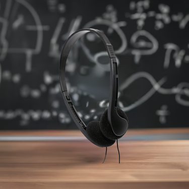 AE-08 bulk school headphones on a wooden desk, ideal for education and online learning.